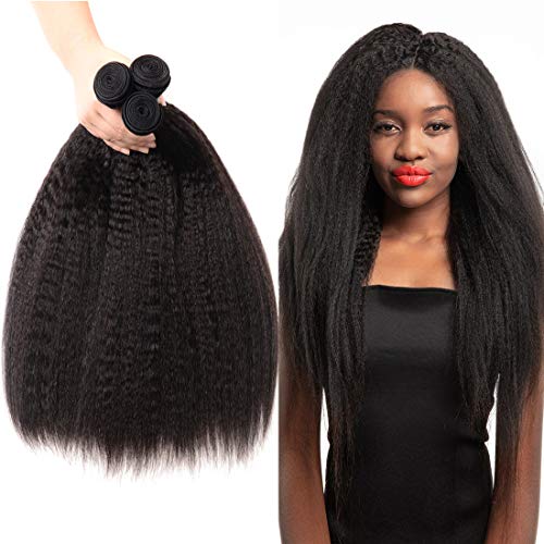 JiaYang 9A Brazilian Kinky Straight Hair 3 Bundles With Closure Yaki Virgin Human Hair Weave Unprocessed Hair With 4x4 Lace Closure Free Part Natural Color (12‘’14'' 16'') …