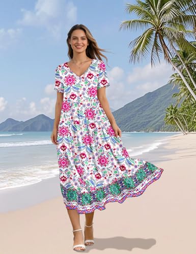 Image of YESNO Women's Summer Maxi Dresses Casual Floral Short Sleeve V Neck Boho Beach Vacation Swing Dress with Pockets EVF