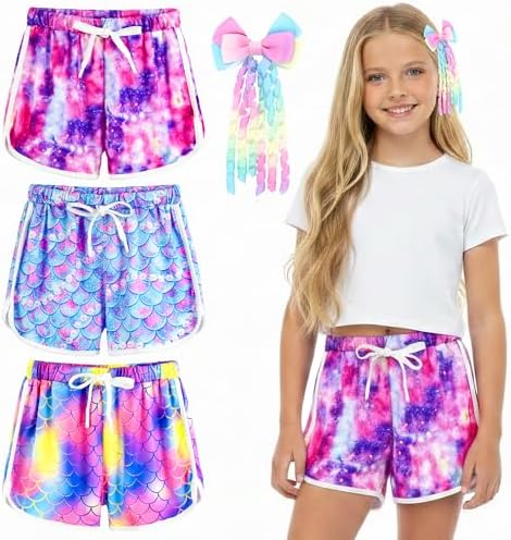 KornaDoz 3 Pack Girls Printed Dolphin Shorts, Patterned Tie-Dye Graphic Prints, Childrens Athletic Summer Sports Short for Toddler Little Teen, Active Soccer Gym Workout Sleep, Size 8-9Y
