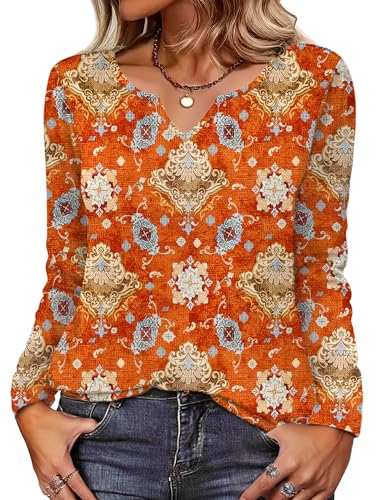 Image of Zeagoo Long Sleeve Shirts for Women Fall Tops Casual Dressy V Neck Blouses Boho Tunic Western Clothes Vacation Outfits
