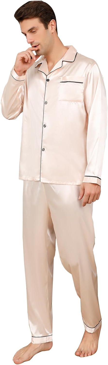ShuiGod-Mens Silky Satin Pajamas Set Long Sleeve Top and Long pants Nightwear Button-Down Pj Sets Sleepwear - Image 5