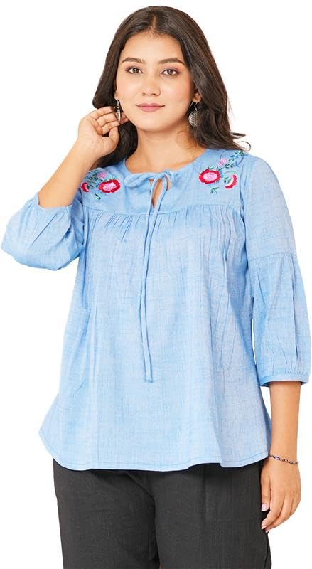 akiko Women's Cotton Two Tone Print with Key Hole Neck with Gather and Embroidery Detailing and Gather Sleeve-picture-13