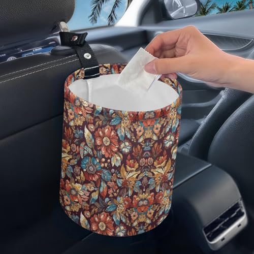 Image of Retro Daisy Floral Console Basket Rubbish Bin Portable Auto Trash Basket Vehicle Foldable Console Front Seat Car Garbage Bag Hanging
