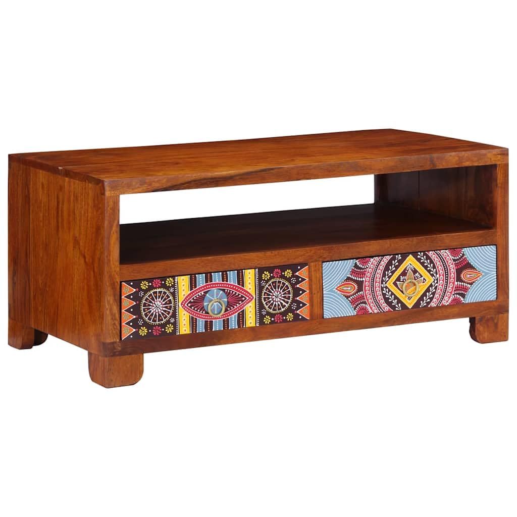 Tavolino da Salotto in Legno Massello di Acacia con Finitura Ambra 90x50x40 cm, Mobiletto con Ripiano Portaoggetti e Cassetto, Design Moderno Salvaspazio per Soggiorno, Camera e Ufficio