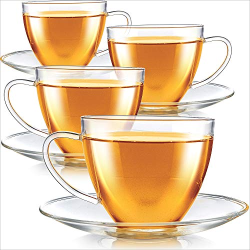 Teabloom Royal Teacup And Saucer Set 4-Pack – Large Size – 12 Oz/ 350 Ml Capacity – Crystal Clear Classic Design – Glass Mug Set – Premium, Healthful Borosilicate Glass – Odor And Stain-Free #TOP3