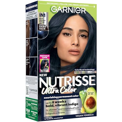 Garnier Nutrisse Ultra Color Hair Color, Permanent Hair Dye for Up to 8 Weeks of Bold, Vibrant, Fade-Resistant Results, Vegan & Cruelty-Free, IN1 Dark Intense Indigo (Midnight Iris), 1 Count