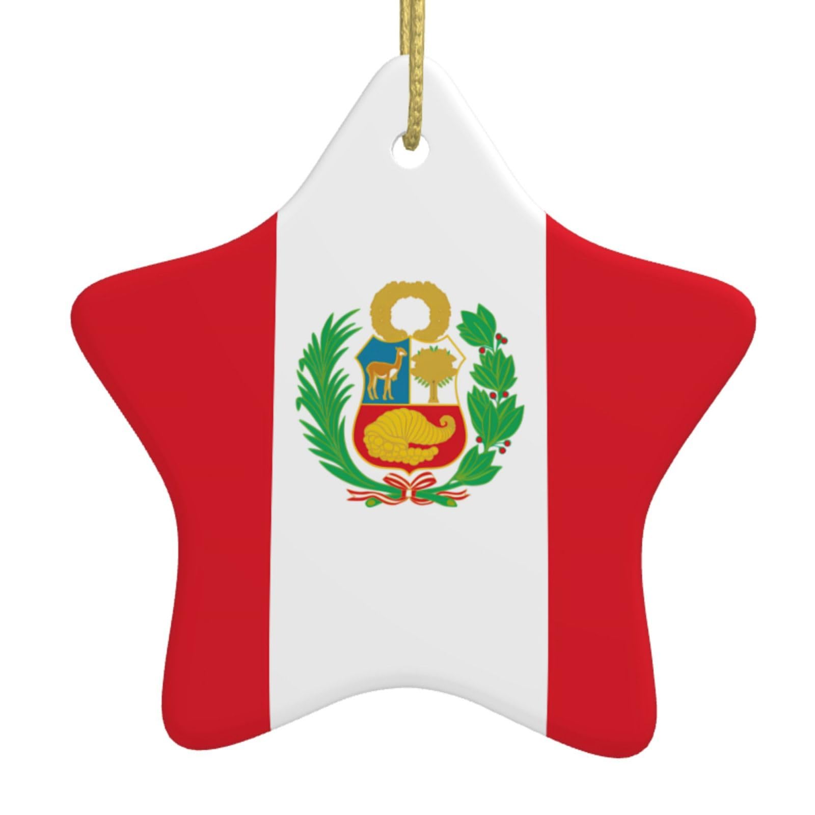 Flag of Peru Christmas Ceramic Star Pendant with Punched Holes and Gold Wire Rope, Christmas Tree Home Decoration