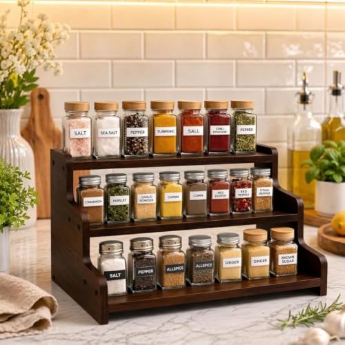 Image of VASIL MART Wood 3 Tiered Spice Rack, 3 Tier Spice Organizer for Cabinet or Kitchen, Stand For Cabinet /Cupboard (Black - mat)