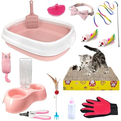 Hlimior Kitten Starter Kit 15-Piece Cat Essentials Set Includes Litter Box Toys Collars Scratch Pad Nail File Automatic Feed Bowls Grooming Gloves (Pink)