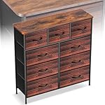 Curved Profile Dresser for Bedroom, Chest of Drawers, 9 Storage Drawers Organizer Unit, Black Dresser with Fabric Bins for Closet, Living Room, Kid Room （Rustic Brown