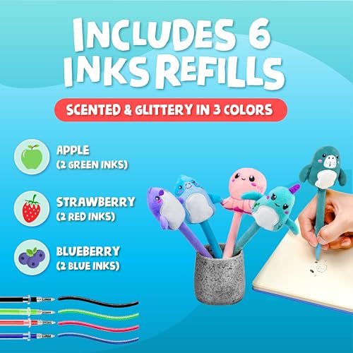 Image of BUNMO Cute Pens - Plush Fun Pens w /Soft Grip & 10 Colorful Refills - Gifts for Tweens - Fun Pencils for Kids - Ocean Animals - Gift for Teens - Squishies for Kids - Plush 5 Pack