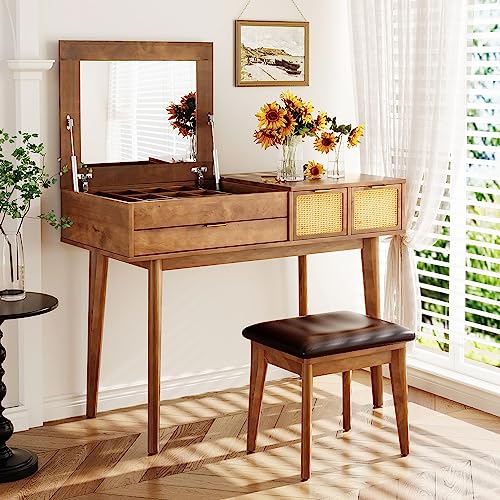 Image of Vanity Table Set with Flip-top Mirror and Cushioned Stool, 43.3 inch Classic Wood Makeup Vanity Set, Dressing Table with 3 Woven Rattan Drawers and Storage Space for Bedroom (Brown with Flip-top Mirror)