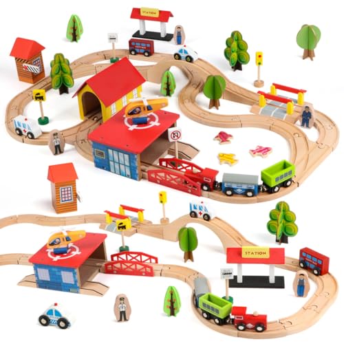 Product Image of the Qilay 69 PCS Wooden Train Set -Premium Wood Train Tracks & Trains Toys for Toddlers 3,4,5 Years Old, Expandable Train Toys Railway Kits for Girls Boys, Fit All Major Bands Train Tracks Set