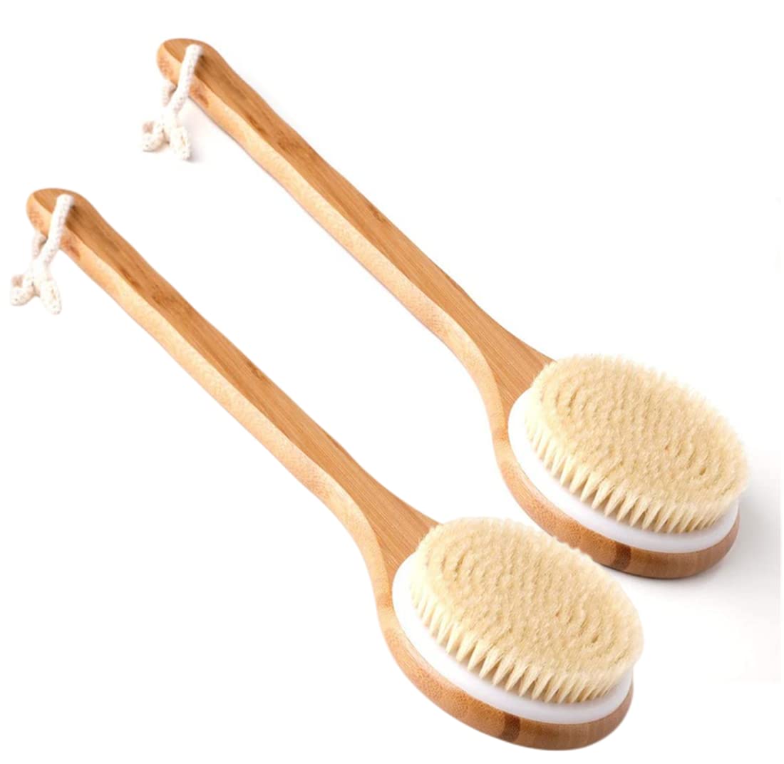 SKY-TOUCH Bath Brush Long Handle 2pcs, Shower Brush Soft Body Brush Back SPA Clean Natural Bristles Exfoliating Brush Long Wooden Handle Brown