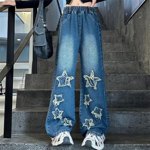 Girls Cute Star Patchwork Jeans Wide Leg Baggy High Elastic Waist Pants 𝐇ip Hop 𝐏reppy Streetwears with Pokets2