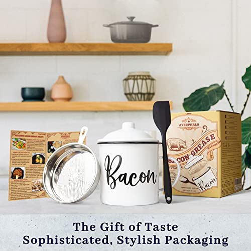 Image of Bacon Grease Container with Strainer - With Food-Grade Silicone Spatula , 46oz Large Enamel Rustic Farmhouse Fat Container , Keeper , Recipes , Dishwasher Safe
