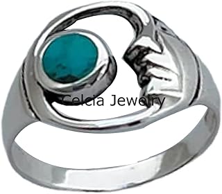 925 Sterling Silver Genuine Turquoise Moon And Moon Face Ring, Statement Ring, Celestial Ring, Minimalist Ring, Mothers Day Ring, December Birthstone Gifts
