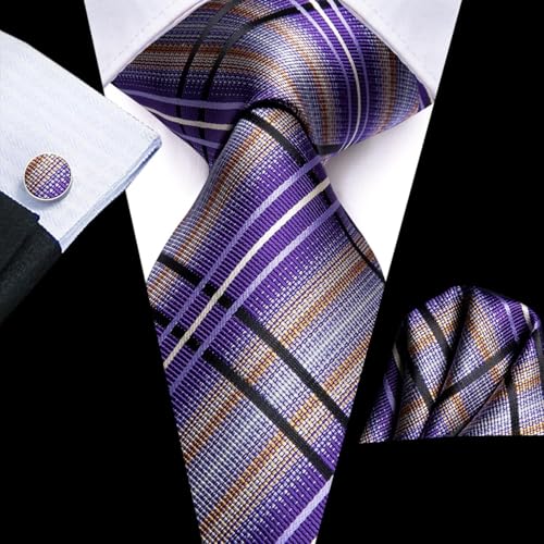 Image of Dubulle Silk Ties Set for Men Formal Paisley Striped Necktie Pocket Square Cufflinks 3PCS Sets Wedding Business Party
