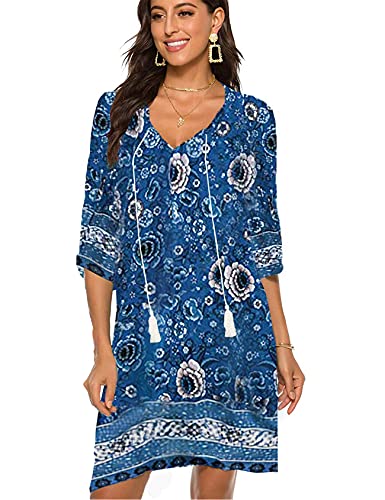 Halife Women Summer Tunic Dress Bohemian Floral Printed Casual Loose Flowy Shift Dresses (Dark Blue,XL)