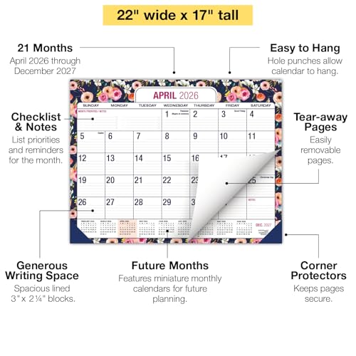 Image of Desk PAD: 22 inch x 17 inch Large Print Desk Pad Calendar, APR 2026 - DEC 2027, 21 Months, (Small Navy Floral)