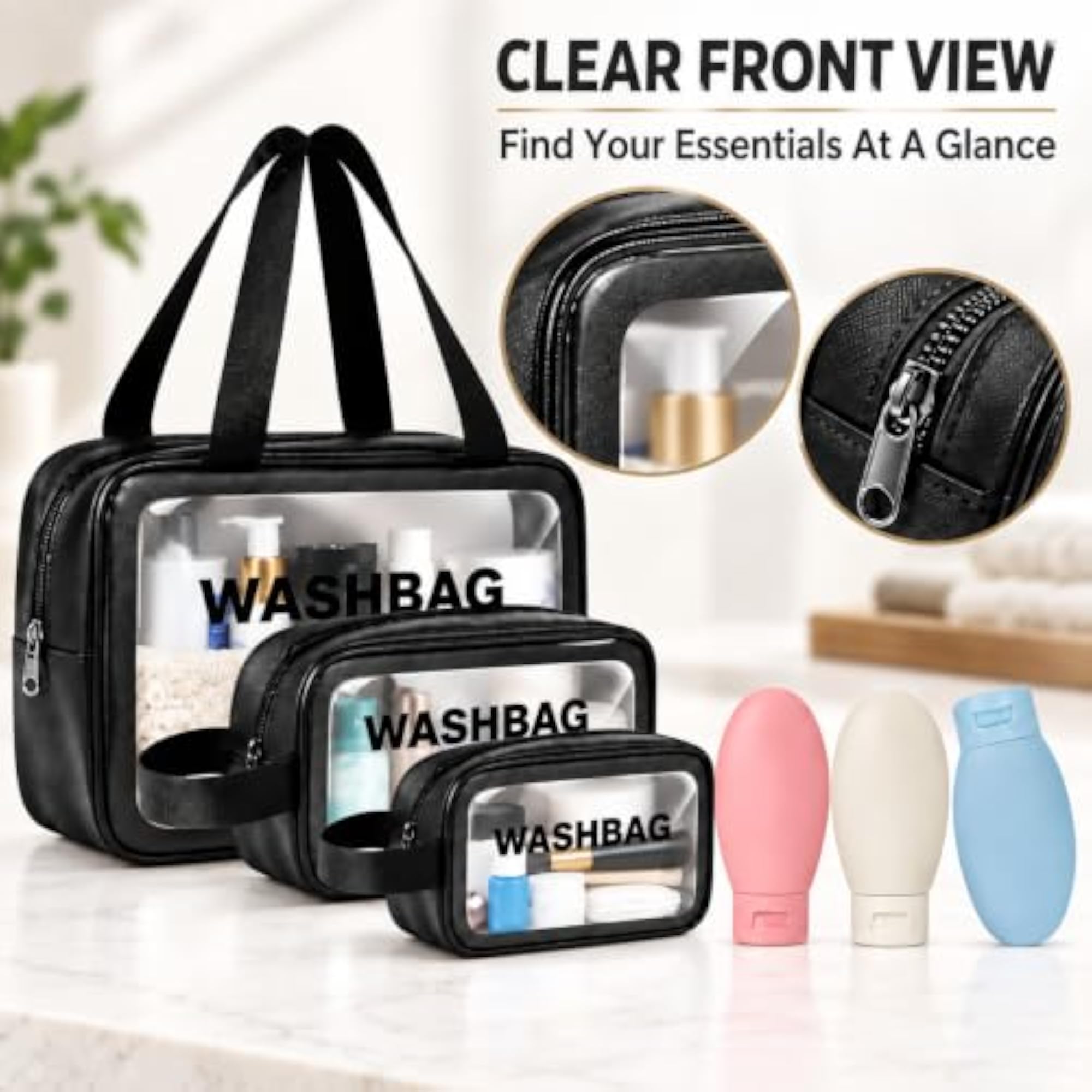 Wash Bag Set for Women & Men with Silicone Bottles