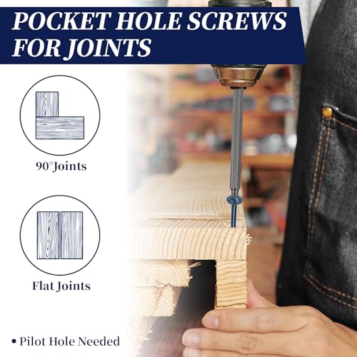 Pocket Hole Screws 1-1/4 Inch, Goobetter Pocket Screws #8 x 1-1/4" 600 Pcs for Exterior, Washer Head with Square Drive, Coarse Thread, Blue Coated, Self Tapping, 100MM Drive Bit Included miniatura 5