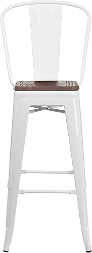 Miniatura 8 de Merrick Lane Taburete de bar Amsterdam de metal blanco de 30 pulgadas de alto con respaldo y asiento de madera Blanco,Oro negro
