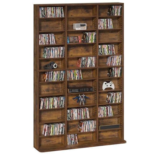 11 Tier Tall Display Cabinet, Brown Media Storage Cabinet | Adjustable Shelves, Free Standing DVD Organizer Shelf, Floor Multimedia Storage Manga Bookshelf for Living Room & Home Office