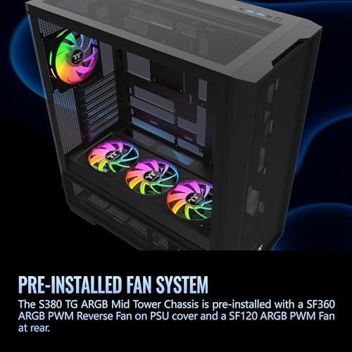 Image of Thermaltake S380 TG ARGB; Mid Tower Chassis; 1x120mm SF120 ARGB & 1x360mm SF360 ARGB PWM Fans Included; 360mm Radiator Support; 400mm GPU Clearance; Hidden Connector Support; Black; CA-11K-00M1WN-00