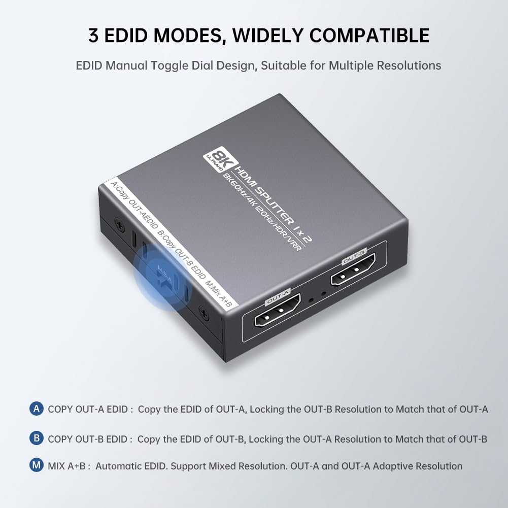 Divisor HDMI 1 en 2 salidas 4K 120Hz 8K 60Hz, HDMI 2.1 divisor compatible con HDCP 2.3, EDID, VRR, HDR10, Dolby, para PS5/4, Xbox, Fire Stick, reproductor Blu-ray, caja de sincronización Hue, etc