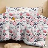 SDIII 3PCS Pink Floral Comforter Set Twin, Soft Microfiber Lightweight Twin Comforter Floral, Sweet Romantic Blush Pink Flower Bedding Set All Season