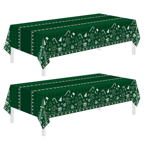 Image of Childom 2 Pack Christmas Tablecloth Disposable,Christmas Decorations,54 x 108 Inch,Plastic Tablecloths for Rectangle Tables,Green Themed Checkered Table Covers for Xmas,Indoor,Outdoor,Birthday,Parties