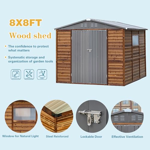 Shed 8' x 8' Storage Shed, 8x8 FT Wood Sheds & Outdoor Storage Clearance, Utility and Tool Garden Shed, Waterproof Storage Shed Large with Lockable Doors for Backyard, Patio, Outside Use - Image 5