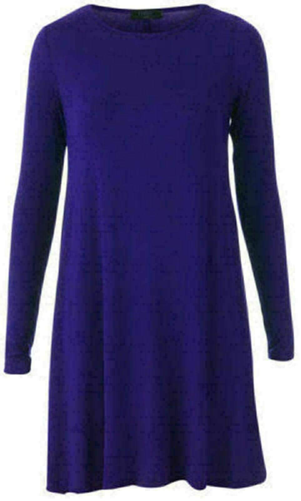 Fairy Boutique Women's Navy Plain Long Sleeve Stretch A Line Swing Dress Flared Skater Top Printed Plus Size T-Shirt 8-26 ( Uk 8-10)