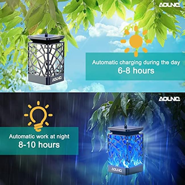Solar Lanterns Outdoor Waterproof, Upgraded 99 LEDs Hanging Solar Lights for Outside with Auto On/Off & Metal Clip, Blue Flickering Flame Outdoor Lanterns Decorative for Garden Yard, 2 Pack
