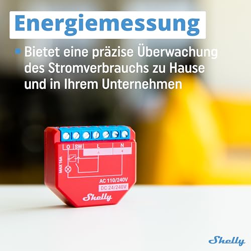 Shelly Plus 1PM | WLAN & Bluetooth Relais Schalter mit Strommessung - 16A | Lichtsteuerung | Funktioniert mit Alexa & Google Home | iOS- & Android-App | Kein Hub erforderlich