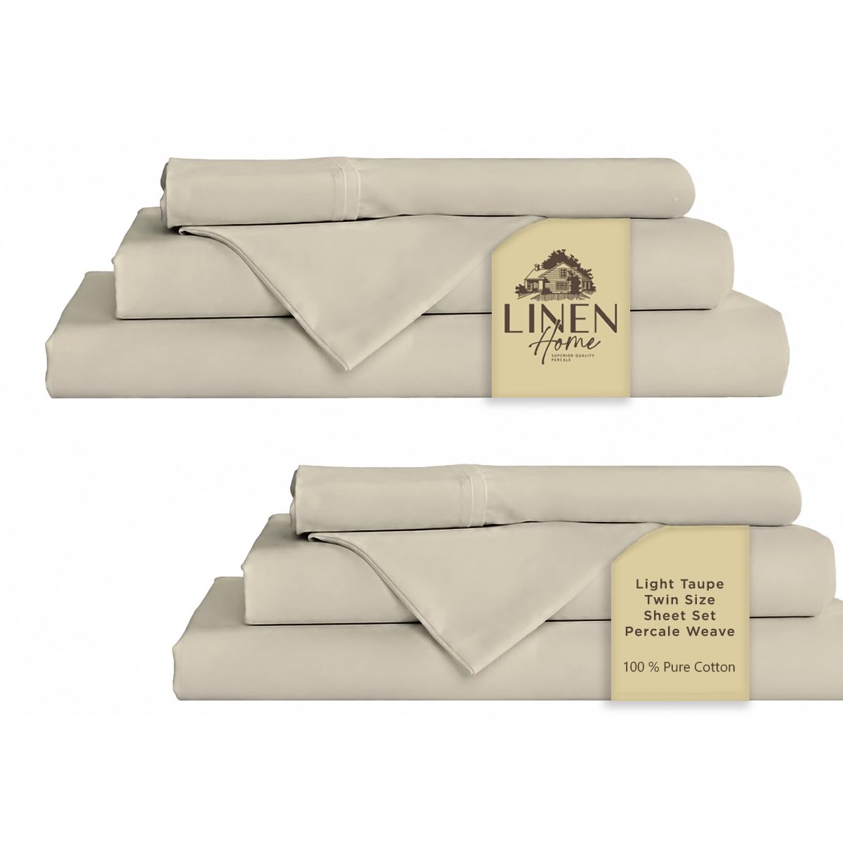Linen Home 100% Cotton Percale Sheets Twin Size Pack of 2, Light Taupe, Deep Pocket, 6 Pieces Set- 2 Flat, 2 Fitted and 2 Pillowcases, Crisp Cool and Long Staple Strong Bed Linen