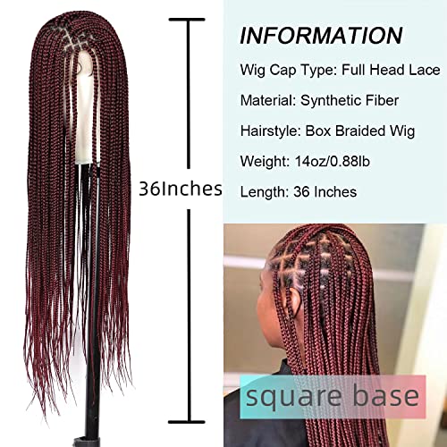 Fecihor 36" Full Double Lace Front Box Braided Wigs Knotless Cornrow Braids Lace Frontal Wig Synthetic Burgundy Red Hand Braided Wigs With Baby Hair For Black Women #TOP3