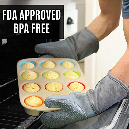 Image of BPA-Free Soft Silicone 4 Piece Oven Mitts & Trivets Set - Ultra Heat Resistant Oven Mitts with Thick Cotton Liner - Long Slip Resistant Pot Holders, Flexible Oven Gloves - Navy