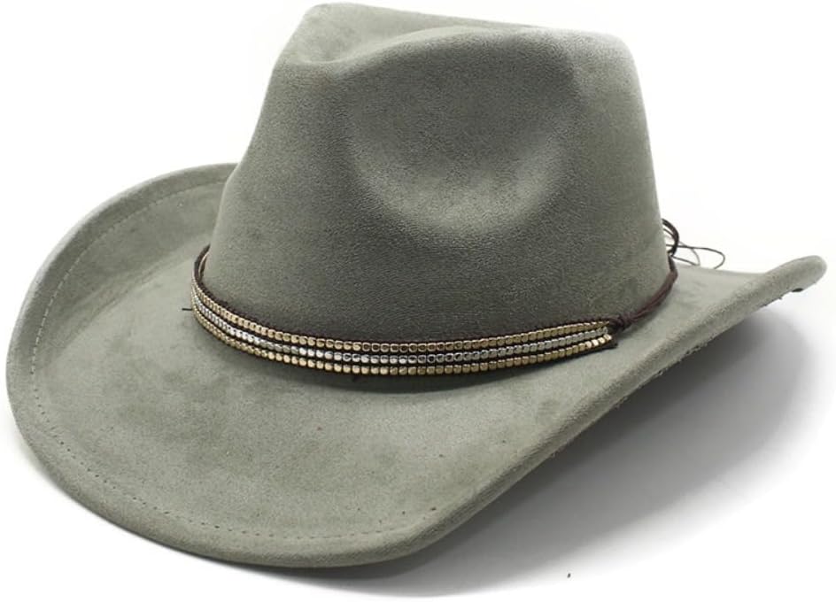 Western Cowboy Hat, Brown, Faux Suede Material, Beaded Hatband, Wide Brim Style