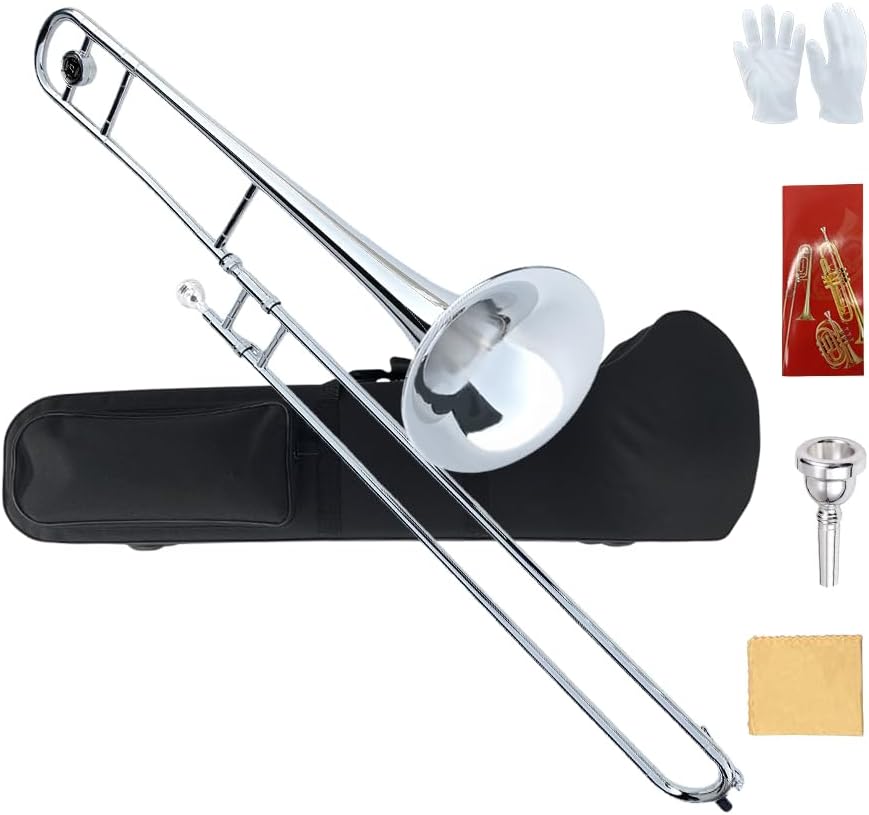 Bb Tenor Slide Trombone – B Flat Brass Trombone Nickel Plated - Includes Hard Case, Mouthpiece & Cleaning Kit – Fit for Musicians and Beginners（12.7 mm & 205 mm）