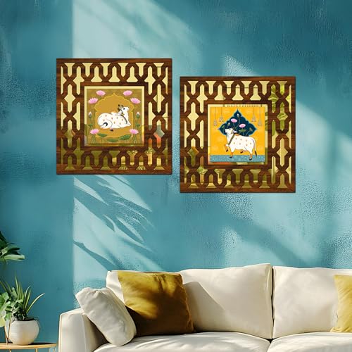 Image of Wooden Pichwai Cow Mirror Wall Decor Panel for Home Decor Living Room Bed Room Office (AD5, 12X12 Inches, Set of 2)