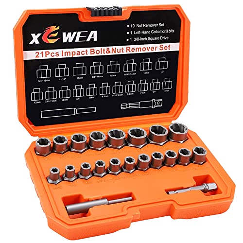 Image of XEWEA 21PCS Bolt Nut Extractor Set, 3 /8 inch Drive Easy Out Broken Lug Nut Extraction Remover Socket Set for Damaged, Frozen,Studs,Rusted, Rounded-Off Bolts & Nuts Screws