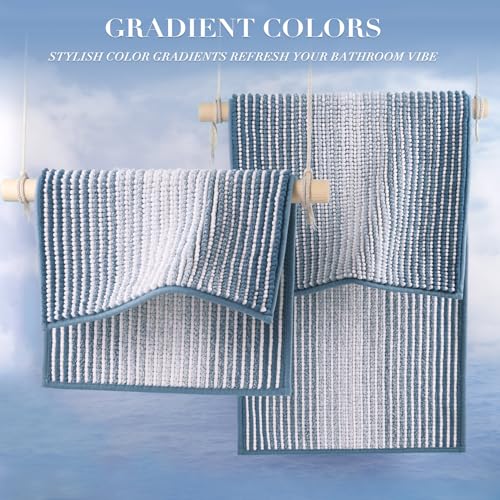 BSICPRO Bathroom Rugs and Mats Sets, 2 Piece Thick Absorbent Chenille Bath Mat Rug Set Non Slip, Soft Shaggy Bath Room Floor Mats for Bathroom, Machine Washable (Fog Blue, 20" x 32" Plus 16" x 24")