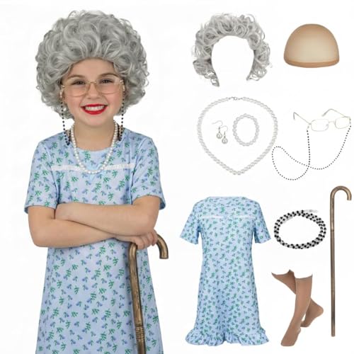 SEGOHAIR Halloween Old Lady Wig for Women, Granny Costume Dress With Accessories 10 Pieces, Perfect for 100 Days of Costume-Silver Curly Wig