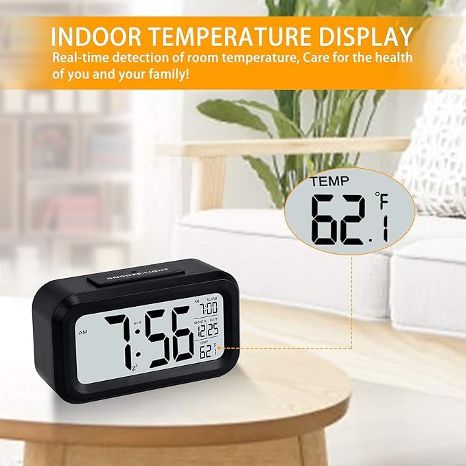 Image of Digital Alarm Clock with Automatic Sensor, Date and Temperature Display, Compact Desk Table Clock for Students, Home, Office, Bedroom, Living Room,Home Decor, Corporate Use (Black Digital)