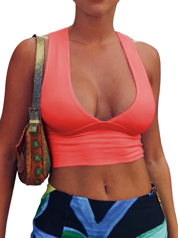 AEPEBO Sexy Crop Tops for Women Deep V Neck Back Cutout Sleeveless Plunge Racerback Tank Cropped Top