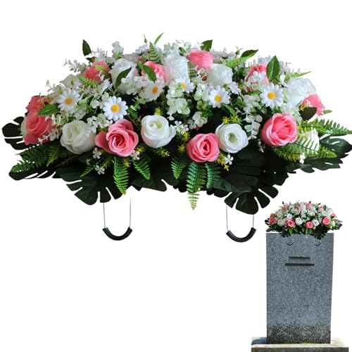 Cemetery Flowers - Outdoor Grave Decorations Cemetery Headstone Saddle Flower Arrangement in Rose Collection Grave Marker Decoration Sympathic Flowers (White Rose+Pink Rose) image 1