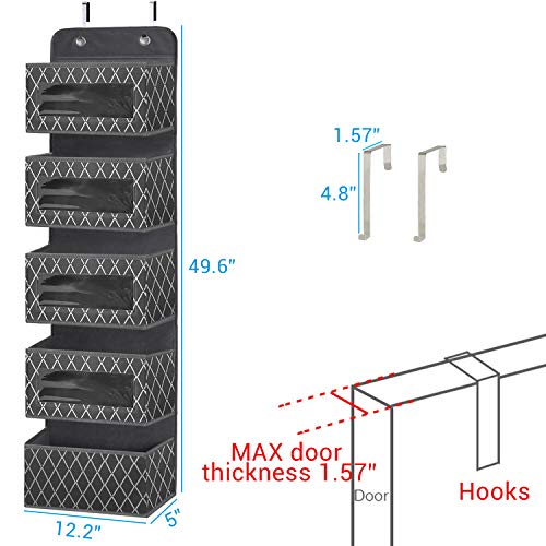 Over The Door Hanging Organizer With 5 Large Pockets - Wall Mount Fabric Pantry Storage With Clear Pvc Window & 2 Big Metal Hooks For Closet,Bathroom,Nursery,Bedroom,Dorm,Baby Diapers,Kids Toys (Gray) #TOP5