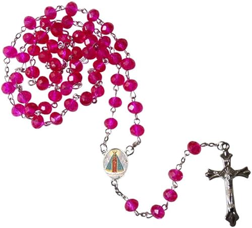 Gifts by Lulee, LLC Nuestra Señora de la Aparecida Patrona del Brasil Magenta Aura Cristal de Cuarzo con Cuentas Rosario con Medalla Plateada Centro
